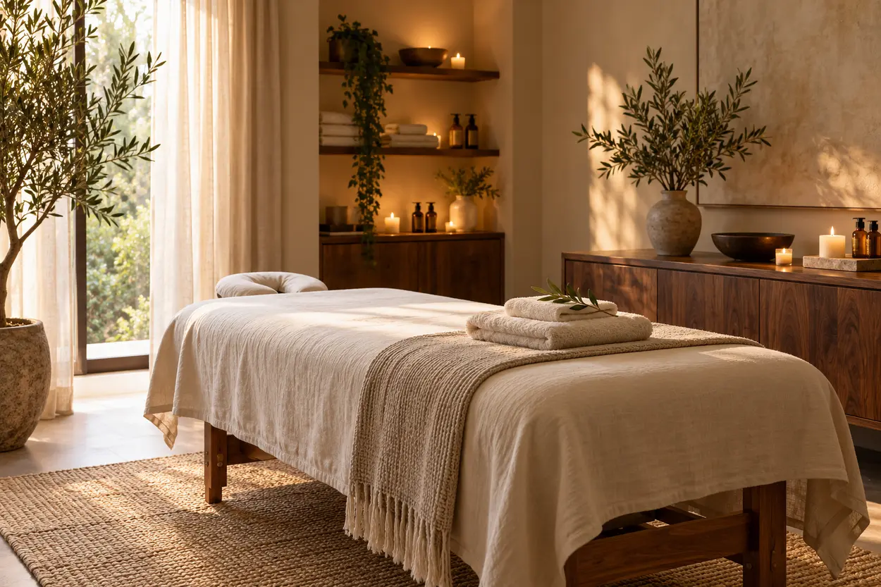 Peaceful massage studio interior with natural textures and gentle light