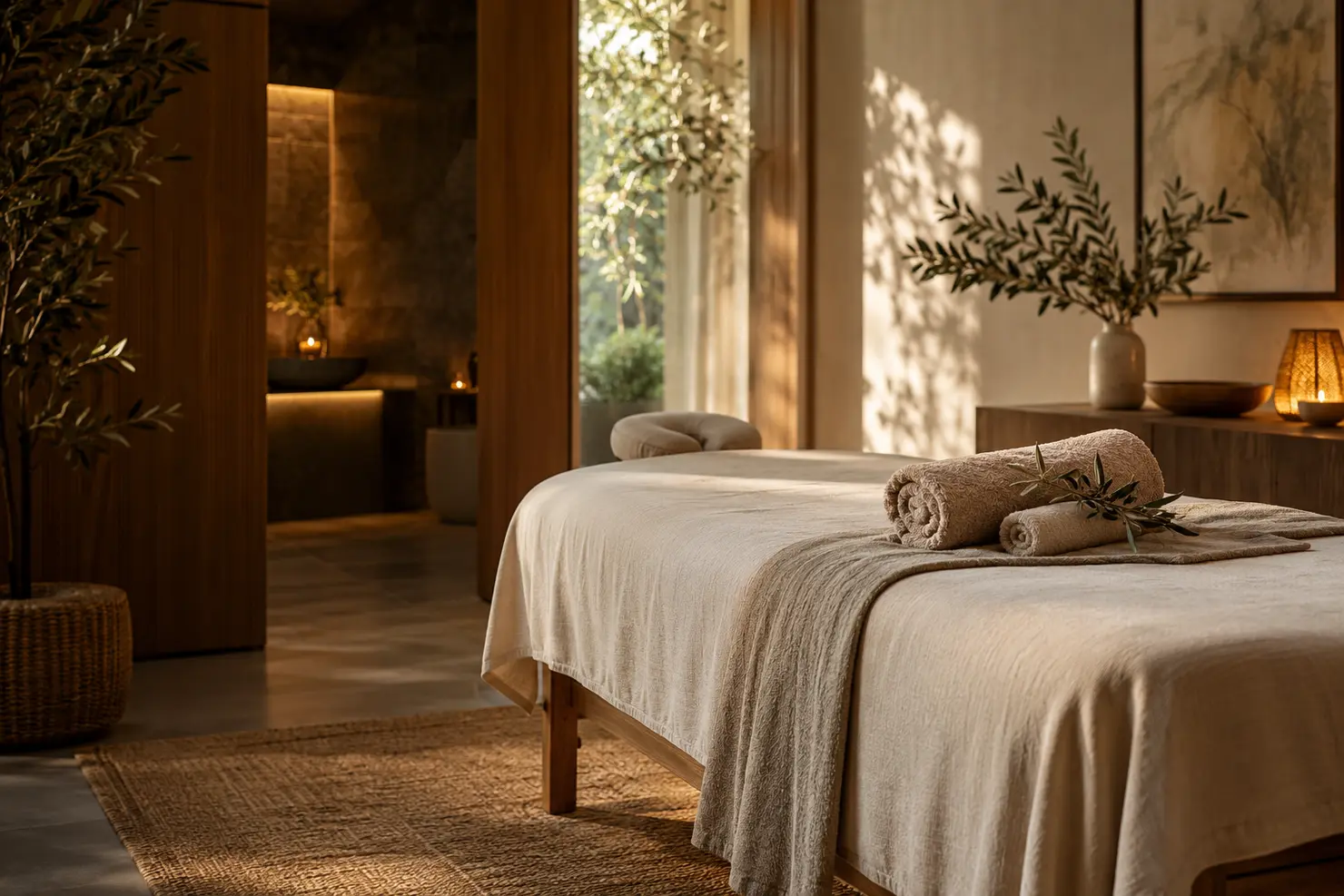 Warmly lit massage room with soft linens and folded towels